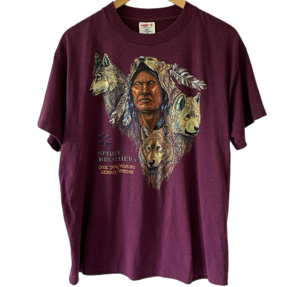Vintage Hef-T Single Stitch Native American Wolf Gatlinburg TN Tee Shirt